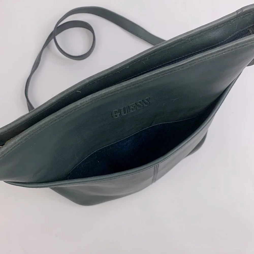 Guess Vintage Shoulder Bag Zip Close Pocket Dark Gray Black Genuine Leather